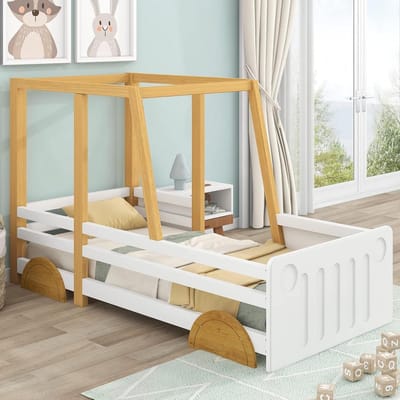Autobed Kinderbed - Droomauto Bed - Spelen en Slapen - Unieke Autovorm - 90x200 cm - Wit Naturel