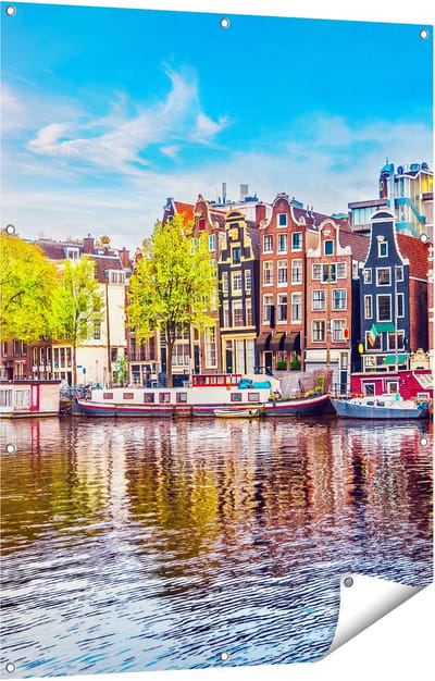Gards Tuinposter Amsterdamse Huisjes aan het Water - 90x120 cm - Tuindoek - Tuindecoratie - Wanddecoratie buiten - Tuinschilderij