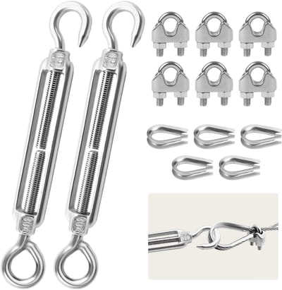 Dailygoods- Draadspanner Set - 2 Stuks Spansluitingen M6 - 5 Stuks Kabelkousen - 6 Stuks Kabelklemmen - Verstelbare Spansluitingen - Roestvrij Staal 304 - Kabelbinder