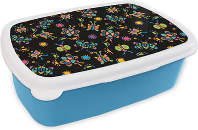 Broodtrommel Blauw - Lunchbox - Brooddoos - Vlinder - Patroon - Insecten - 18x12x6 cm - Kinderen - Jongen