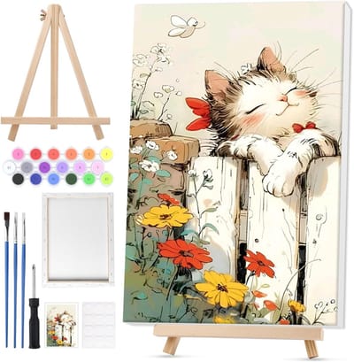 Schilderen op Nummer voor Volwassenen met Kat Thema, Inclusief Houten Easel, Penselen en Acrylverf - Creatieve DIY Set voor Kunstliefhebbers