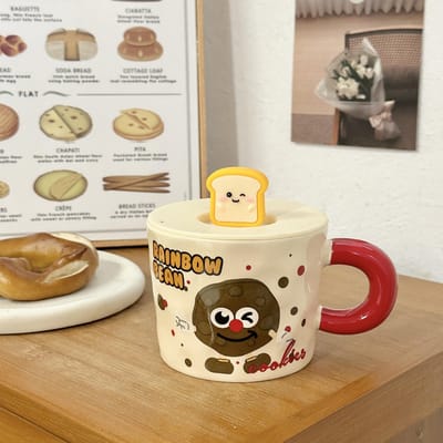 Schattige Keramische Kop Huishoudelijke Mok met Deksel Lepel Cartoon Waterbeker Vrouwelijke Student Slaapzaal Ontbijt Melk Koffiekop 301-400ml