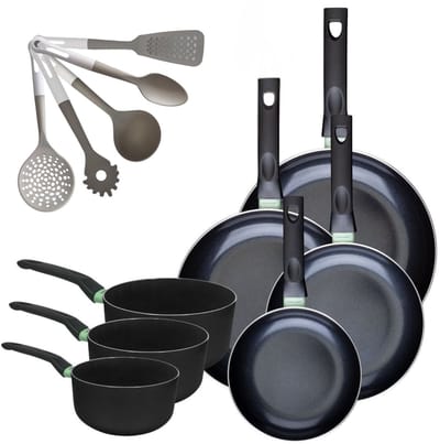 Fackelmann 9222250 Set van 4 RVS Pannen 20/24/28/30 cm & 3 RVS Kookpannen 16/18/20 cm Brandao Zonder PFAS met 5 Keukengerei