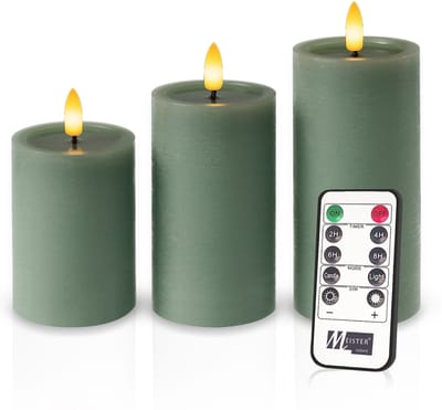 Meisterhome – 3 x Led Stompkaars - Groen – Stompkaars Echte wax - Led kaarsen - 10 / 12.5 / 15 cm Hoog - Met afstandsbediening – Timer 2/4/6/8 uur – Dimbaar