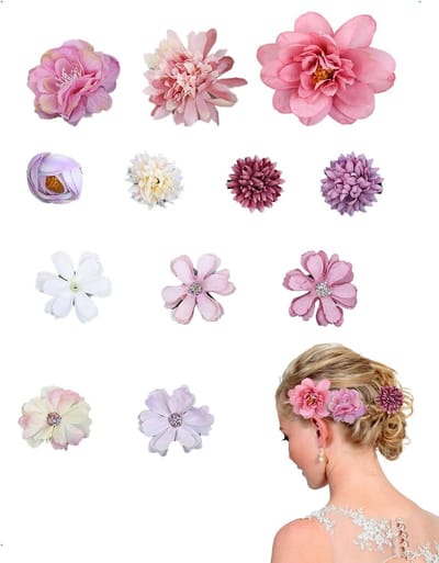12-delige bohemienstijl haaraccessoires set met kunstbloemspeldjes voor vrouwen en meisjes, ideaal voor bruiloften, feesten en vakanties, paarsroze bloemenhaarspeldjes