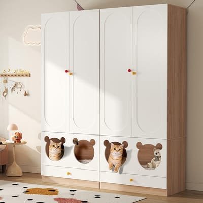 BLACKCOLORS - Kinderkast - Combinatiekast 2-delig - Met kledingstang - Met kattenmand - Gelakte platen + spaanplaat - Keramische handgrepen - Wit + naturel houtkleur - 160×50×200 cm