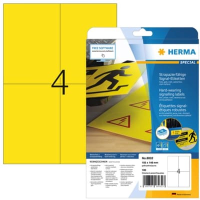 Herma 8032 Folie-etiketten 105 x 148 mm Polyester folie Geel 100 stuk(s) Extra sterk hechtend Laser (zwart/wit), Laser (kleur), Kopiëren (zwart/wit),