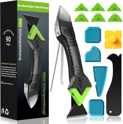 Siliconenverwijderaar Set 5-in-1 - Voegenkrabber met 6 Verwisselbare Pads & Düsen - voor Keuken, Bad, Vloer, Gootsteen, Raam - Zwart - 1 Set