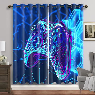 Gamer Gordijnen voor Jongenskamer Gamingkamer Decoratie Raamgordijnen Videogame Spelen Raam Draperieën 2 Stuks Gratis Verzending W60H60(CM)x2pcs&Grommet Top blue