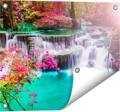 Gards Tuinposter Waterval in de Herfst met Kleurrijke Bloemen - 50x40 cm - Tuindoek - Tuindecoratie - Wanddecoratie buiten - Tuinschilderij