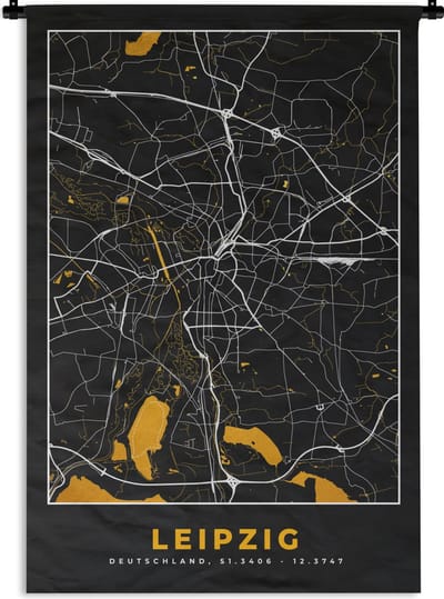 Wandkleed - Wanddoek - Leipzig - Goud - Stadskaart - Duitsland - Kaart - Plattegrond - 120x180 cm - Wandtapijt