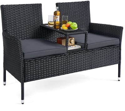 Sello! tuinbank met tafel – balkon – twee personen – polyrattan – stalen frame – D65 x B131 x H84 cm – zwart – donkergrijs.