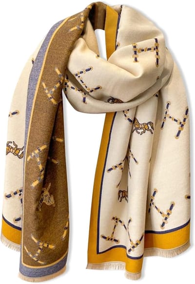 Winterse Pashmina Sjaal voor Dames met Retro Paardenpatroon en Franje - Zachte Cashmere Sjaal voor Extra Warmte en Stijl
