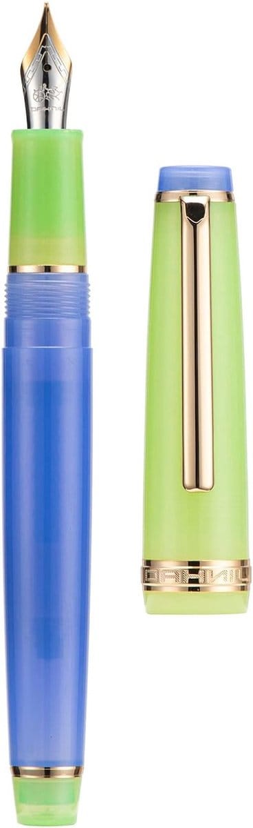 Luxe vulpen met gouden afwerking, medium nib en blauwe transparante houder met converter