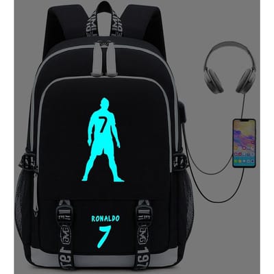 Sac à Dos Périphérique Ronaldo à Chargement USB Sac d'École Lumineux pour Étudiant Sac de Randonnée Extérieure 16inch