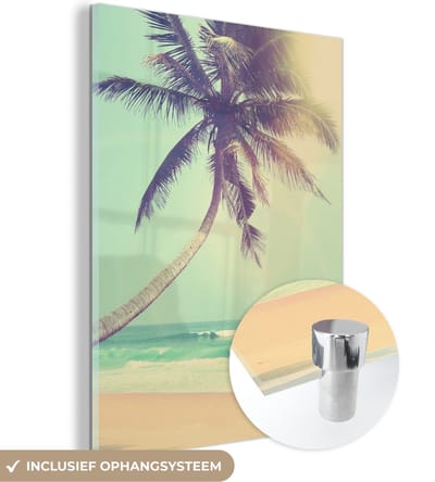 MuchoWow® Glasschilderij 30x40 cm - Schilderij acrylglas - Retro - Palmboom - Zon - Zomer - Foto op glas - Schilderijen