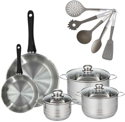 Set van 2 Pannen 20/28cm Fackelmann Geneva en 3 Kookpotten 16/20/24cm met 5 Fackelmann keukengerei
