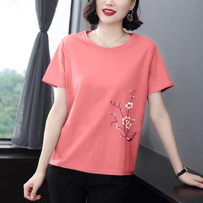 Dames Korte Mouwen Katoen Korte Mouwen Los Effen Kleur T-shirt Ronde Hals Comfortabele Tops 4XL roze