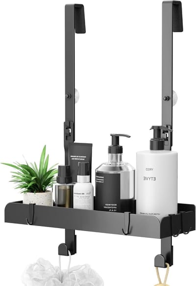 Hanging Shower Rack en Organizer met 4 Haakjes - Roestvrijstalen Doucherek voor Badkameropslag en Ruimtebesparing in Mat Zwart