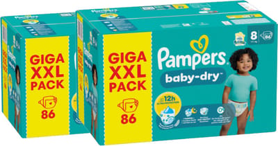 Pampers Baby-Dry maat 8 - 172 stuks (2 x 86 luiers) - Voordeelverpakking - Unieke extra laag - Absorberende kern - Flexibele zijkanten