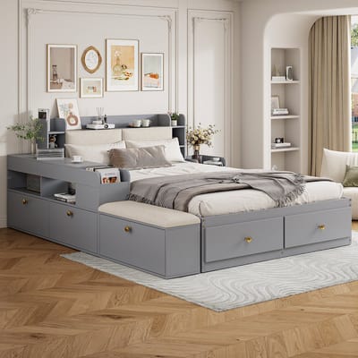 Massief Houten Bedcombinatie - 140x200 cm - Bed + Laden + Nachtkast + Opbergbank - Slaapkamer - Grijs