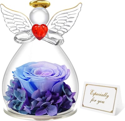 Eeuwige Roos Engel - Gedroogde Bloem Decoratie - Romantisch Cadeau - Handgemaakt Uniek Stuk - Glazen Terrarium - Blauw Paars