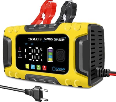 TKMARS Acculader -Accu Druppellader - 12V/24V 10A - met Reparatiemodus & LCD Display - Druppellader - Druppellader voor Auto, Motor, Scooter, Boot & Camper - Geel