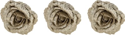 3x stuks decoratie bloemen roos champagne glitter op clip 18 cm - Decoratiebloemen/kerstboomversiering