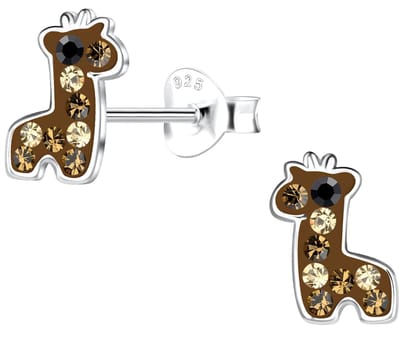 Joy|S - Zilveren baby giraf oorbellen - 7 x 9 mm - bruin - kristal - kinderoorbellen giraffe