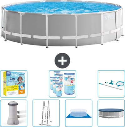 Intex Rond Prism Frame Zwembad - 457 x 122 cm - Grijs - Inclusief Pomp - Ladder - Grondzeil - Afdekzeil Onderhoudspakket - Filters - Schoonmaakset