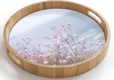 Dienblad rond 40x40 cm - Schootdienblad hout - Klif - Bloemen - Zee - Roze - Borrelplank rechthoek - Plateau houten dienbladen
