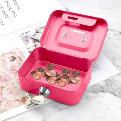Stijlvolle Roze Geldcassette, Kleine Kluis met Sleutel, Veilig Geldbox met Cilinderslot en Inwerpopening