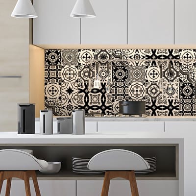 Zelfklevende tegelmuurstickers voor keuken en badkamer - 16 moderne Azulejo tegelstickers in zwart-witte tinten - 16 stickers van 10x10 cm