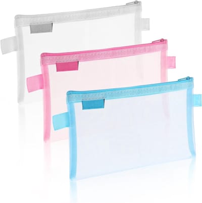 Set van 3 Doorzichtige Pennen Etuis van Nylon Mesh met Rits - School, Kantoor en Cosmetica Opbergzakken in Roze, Wit en Blauw (20 cm x 12 cm)