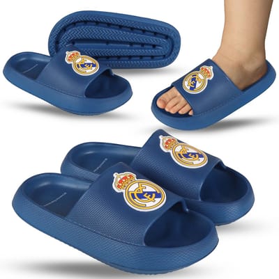 Real Madrid Marineblauwe teenslippers van SCHUIMRUBBEREN SLIPPERS voor het zwembad, DIKKE ZOOL, LICHTGEWICHT