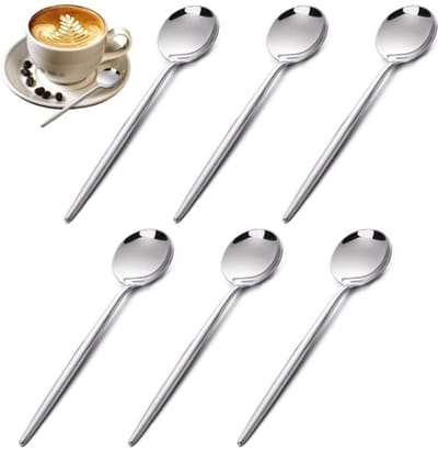 Set van Zes Elegante Ronde Lepels voor Koffie, Thee en Dessert met Spiegelfinish