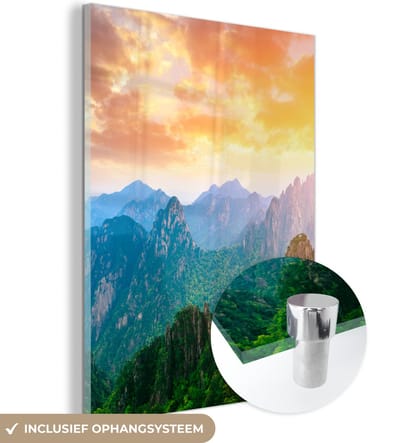 MuchoWow - Glasschilderij natuur - Wanddecoratie - Berg - Natuur - Wolken - Zonsondergang - Steen - Foto op glas - Acrylglas - Schilderij glas - 120x160 cm - Schilderijen woonkamer