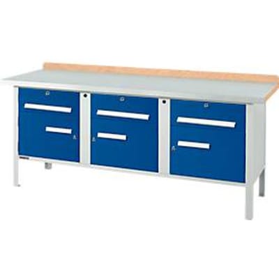 Box-type werkbank Schäfer Shop Select PW 200-5, beuken multiplex blad, met stalen afdekking, tot 750 kg, B 2000 x D 700 x H 840 mm, gentiaanblauw