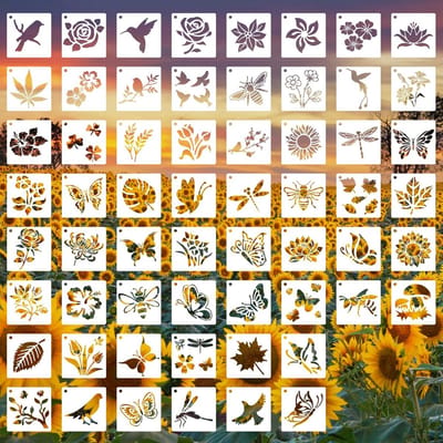 Allecto Plus - Sjabloon Voor Schilderen Vlinder Bloem Vogel Tekening - Herbruikbare Opengewerkte Stencil - DIY Ambachten Op Hout Muur Home Decor - 60 Stuks - Vlinder Bloem Vogel Patroon 3x3 inch