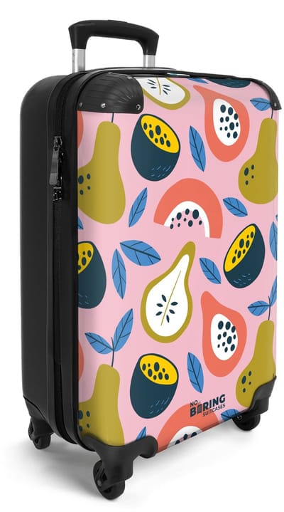 NoBoringSuitcases.com® - Handbagage koffer lichtgewicht - Reiskoffer trolley - Roze met tropisch fruit - Rolkoffer met wieltjes - Travel suitcase cabin - Reistrolley met TSA slot - Past binnen 55x40x20 en 55x35x25 - Kleine valiezen