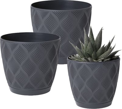 Form Plastic Plantenpot set New Age - 3x stuks - kunststof - antraciet - met schotel