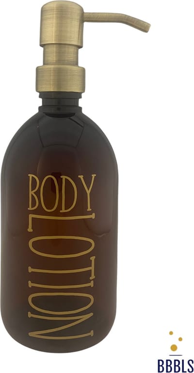 BBBLS® Design Dispenser "Bodylotion" | Bruin Kunststof | 500ml | RVS / Metaal Pomp Goud | Zeeppomp | Zeepdispenser | Zeephouder