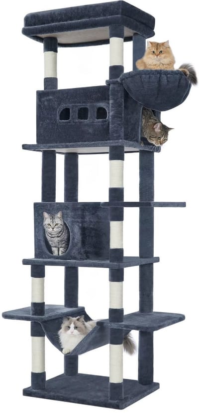 Multi level Cat Tower - Krabpaal Katten 210 cm – Grote Kattenboom met 8 Krabpalen – Multi-level Kattentoren met Slaapplaatsen en Pompons – Voor Binnenkatten