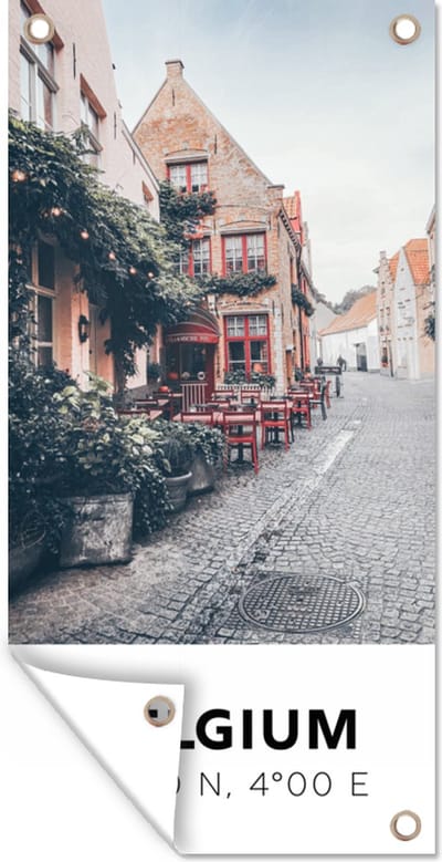 Schuttingposter België - Café - Terras - Rood - 100x200 cm - Tuindoek