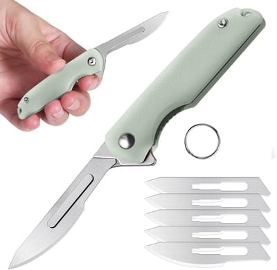 Famanu Scalpel handmes, Klein zakmes met 5 verwisselbare messen Figuur 24, Liner Lock, Sleutelhanger mes, Mini vouwmes voor vrouwen mannen (D-Natur)