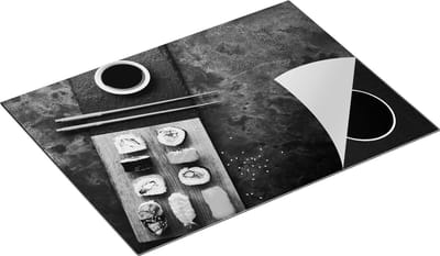 Chefcare Inductie Beschermer Sushi met Soja Saus op een Marmer - Zwart Wit - 70x50 cm - Afdekplaat Inductie - Kookplaat Beschermer - Inductie Mat