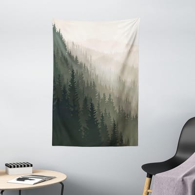 ABAKUHAUS Boswandtapijt, Scandinavische natuur, woonkamer slaapkamer wanddoek zijdezacht satijn wandtapijt, 100 x 150 cm, donkergroene crèmekleurige tan