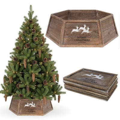 COIL Kerstboomrok, Kerstboomdeken, Kerstboomhoes, Kerstboomstandaard, Kerstboommand, Ovaal, Dennenhout, Bruin, Diameter: 66 cm