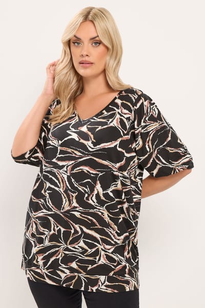 Yours Zwarte Top Met Abstracte Print En Plooien Size 44