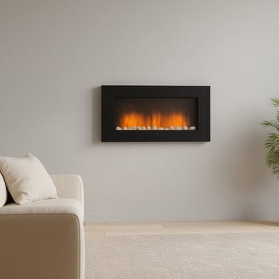 Elektrische Sfeerhaard 105,5 x 48 x 12 cm – Altameubel Vancouver Luxe Wandhaard – 2000W LED Vlammen Met Verwarming, Afstandsbediening & Timer – Zwart Glas Metaal – Inbouw & Wandmontage Voor Woonkamer
